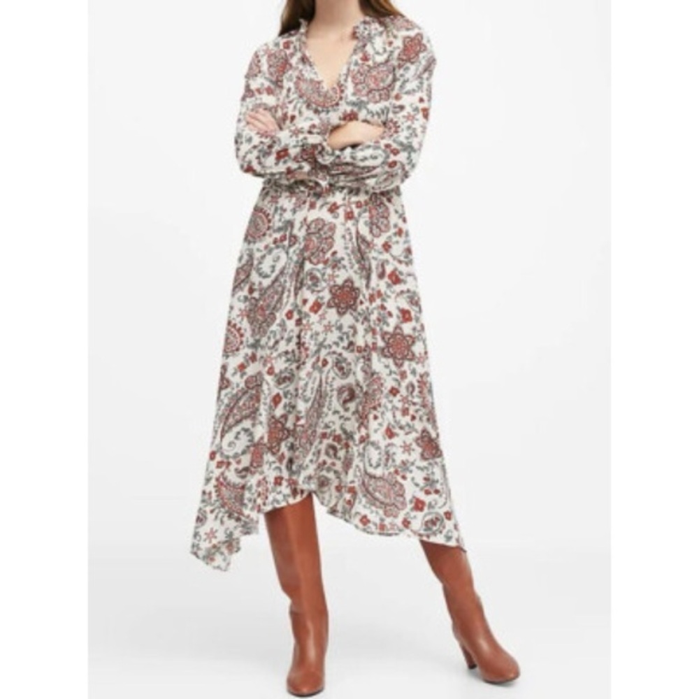 Banana Republic Floral Paisley Long Sleeve Peasant Midi Dress in Cream